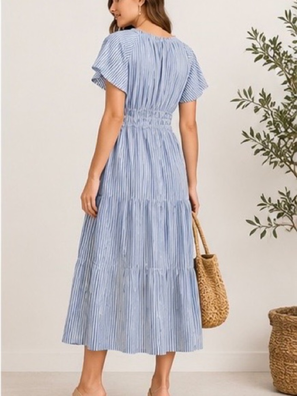 a.n.a Light Blue Striped Midi Dress with Smocked Waist - Picture 2 of 6